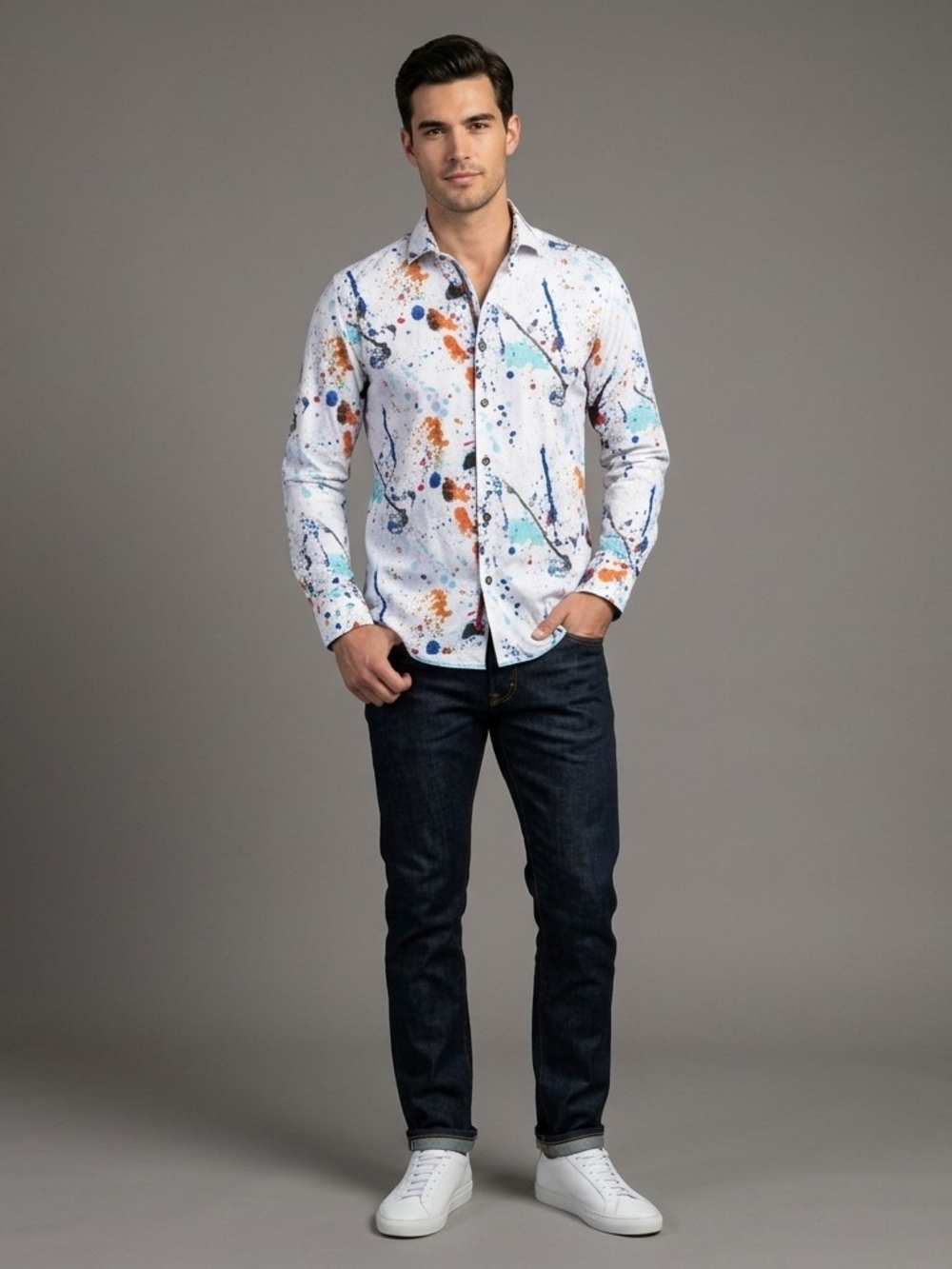 Visconti Black Paint Splatter Abstract Art Long Sleeve Button Down Shirt
